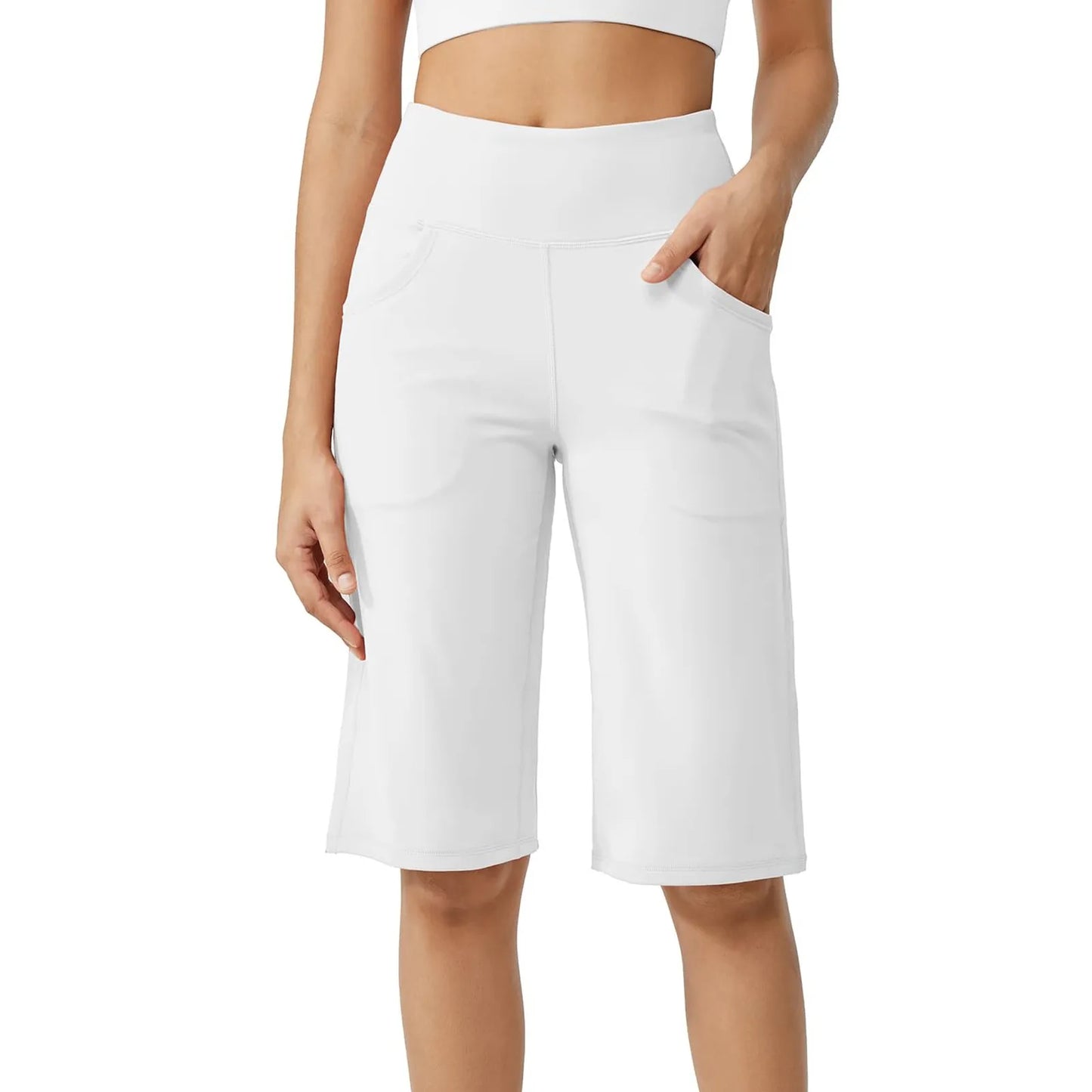 Women Elastic High Waist Casual Active Fit Wide Capri Leg Yoga Knee Length With Pockets.  S-3x