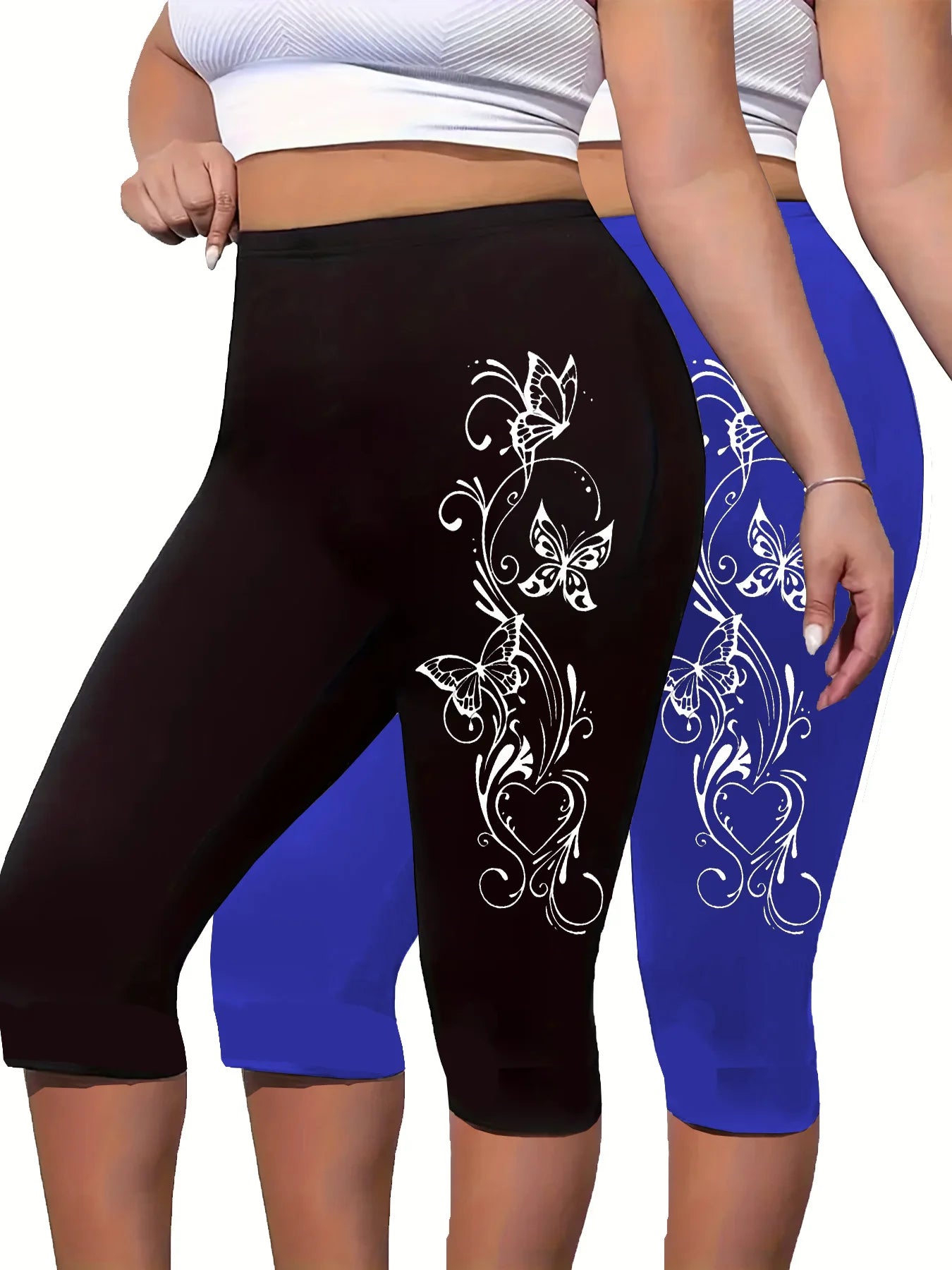 Two Pieces Of Plus-size Women's Printed Cropped Pants, Tight-fitting Cropped Pants, Comfortable Elastic pant