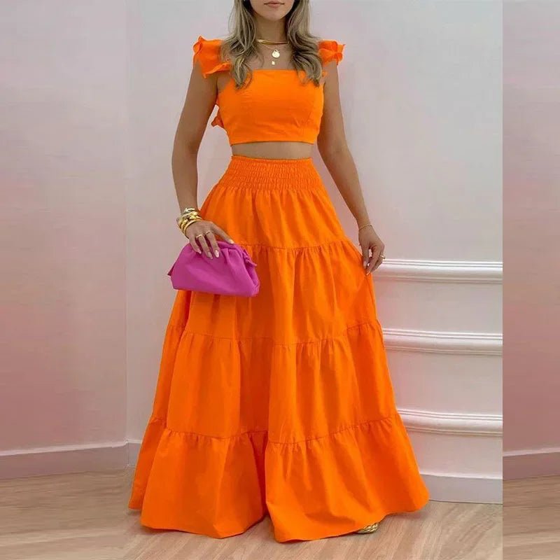 Ladies Two Piece Set Solid Bohemian Long Skirt Strapless Crop Top Cascading Ruffles Long Skirt Suit