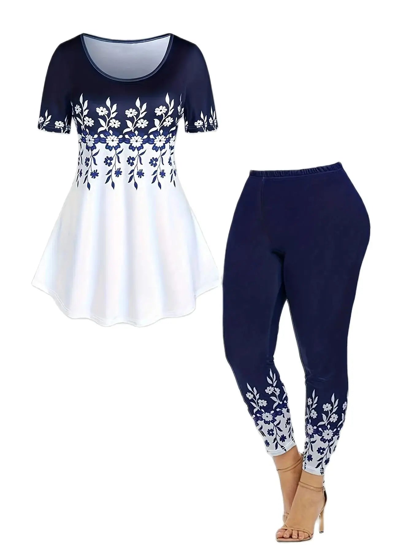 Plus Size Ladies Casual Flower Print Round-Neck Short-Sleeved Shirt And Printed Pants Two-Piece Set
