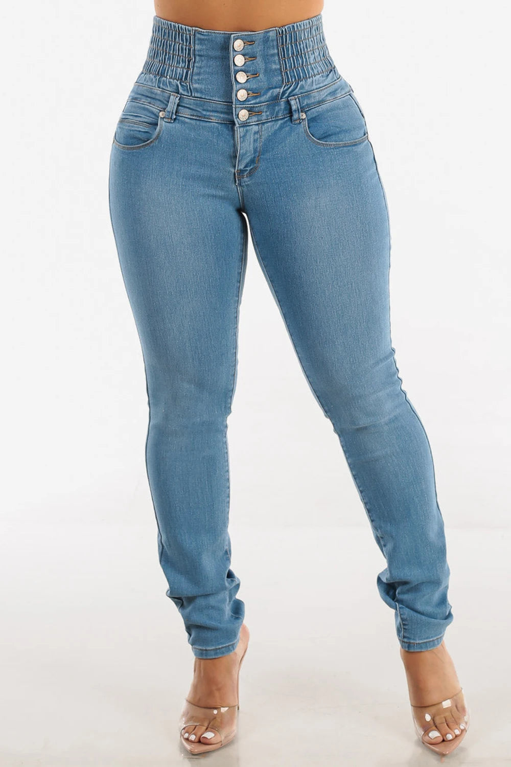 Plus Size Women's Jeans Blue Smocking Denim High Waist Button Up Stretch Skinny Jeans