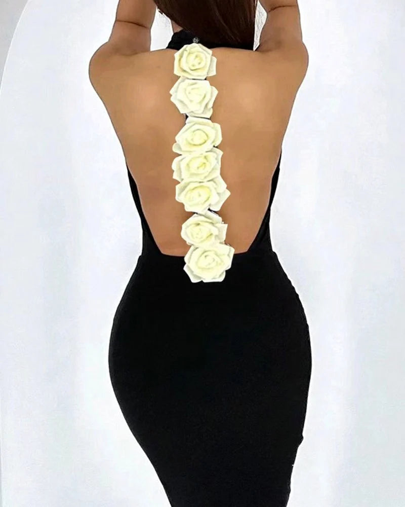 Elegant Rose Detail Women Sexy Mock Neck Sleeveless Backless Bodycon Evening Dress