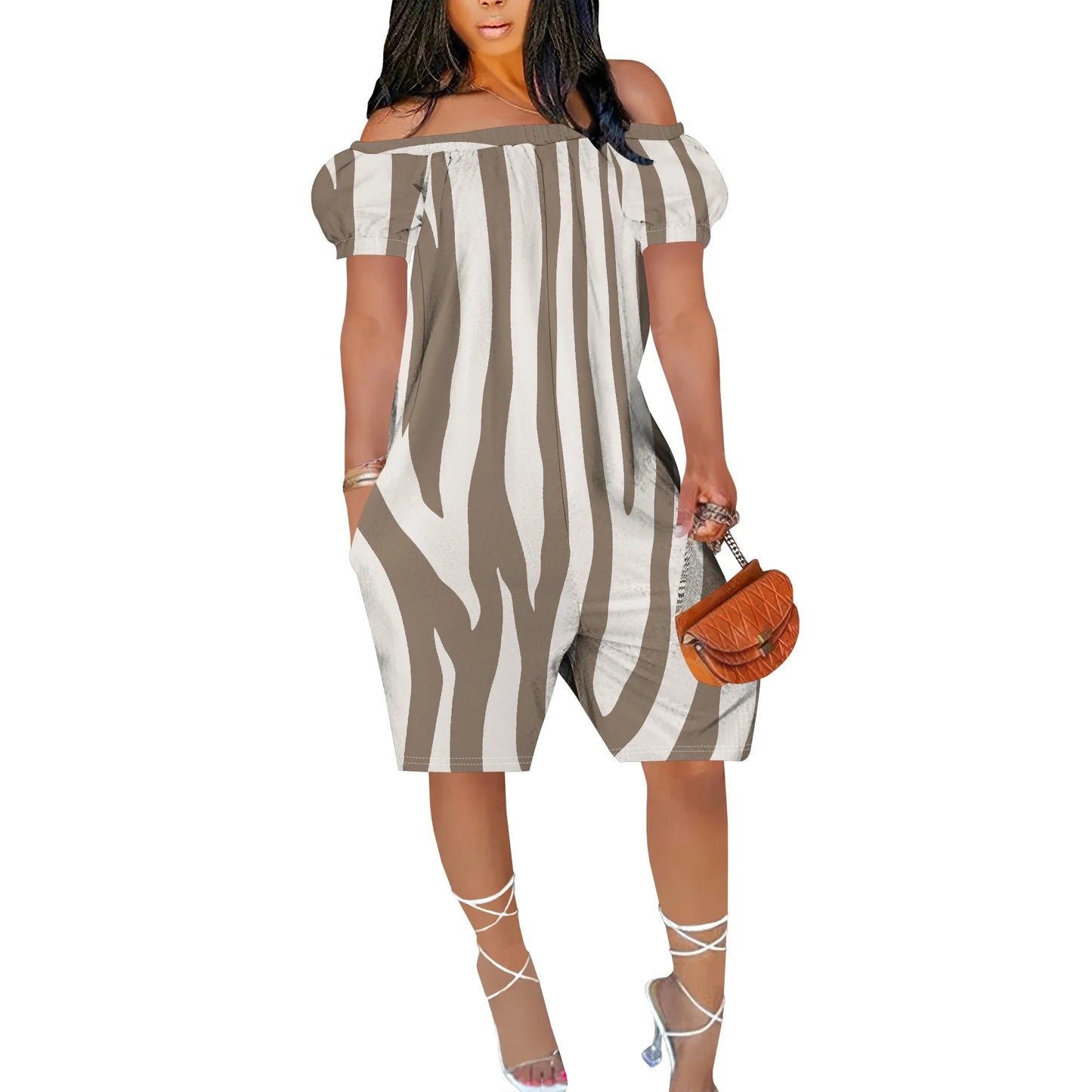 Women One Piece Print Off Shoulder Short Sleeve Loose Shorts Jumpsuit.  S-3X