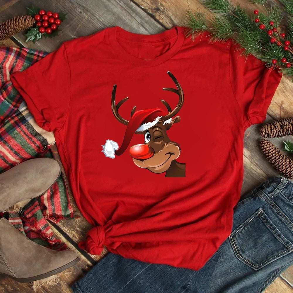 Women's Kawaii Christmas Top - Santa Claus & Deer O-Neck Y2K T-Shirt.  S-3X