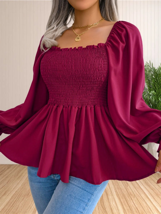 Women's Casual Long Sleeve Blouse Square Neck Smocked Ruffle Hem Slim Baby Doll Top. S-XL
