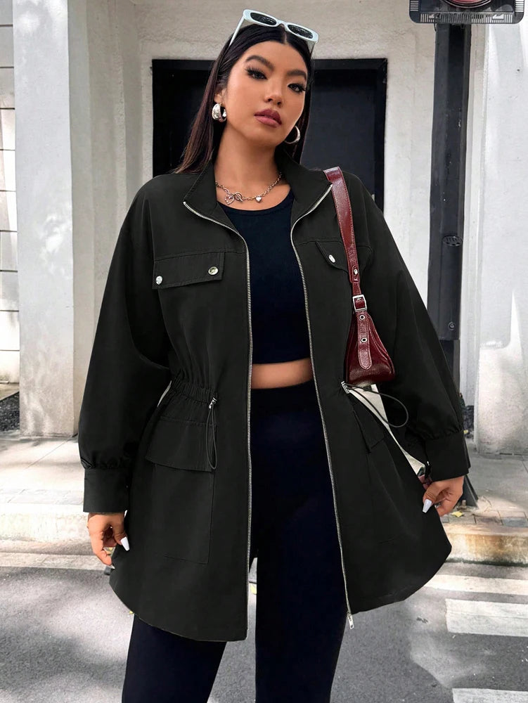 Plus Size Women's Solid Colour Jacket Casual Fashion Wind  Breaker Zipper All Season Jacket.   Xl-4X