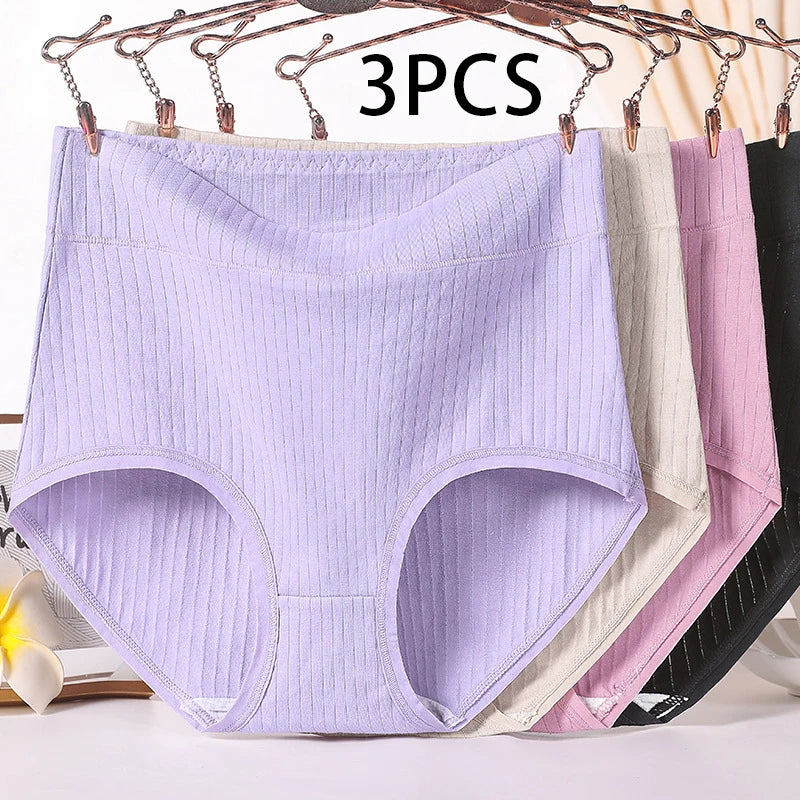 3pcs Ladies Plus Size High Quality Cotton Panties High Waist Breathable Briefs Solid Colour.