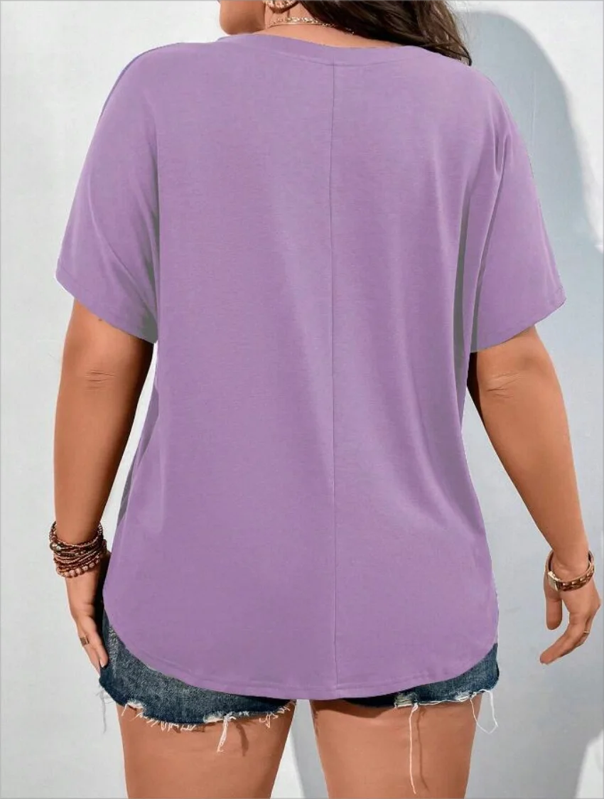 Plus Size High Quality European New Women's V-neck Casual Solid Colour Pocket T-shirt.