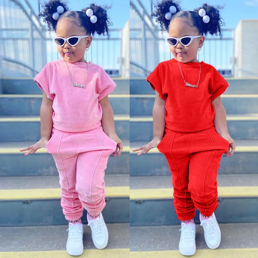 Fashion Kids Little Girls Clothing 2 Pieces Sets Cotton Solid Casual T-shirt+Elastic Waist Pants Young .