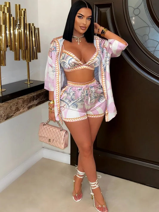 3 Pieces Sexy 2025 Summer Spring Fashion Women Set 3/4 Sleeve Shirt Tops And Shorts Suit Matching Outfit.  S-2X