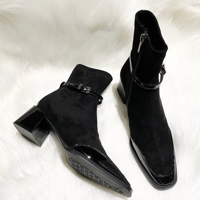 Women's Square Toe Retro Suede Ankle Boots - Spliced Skinny Boots with Zipper