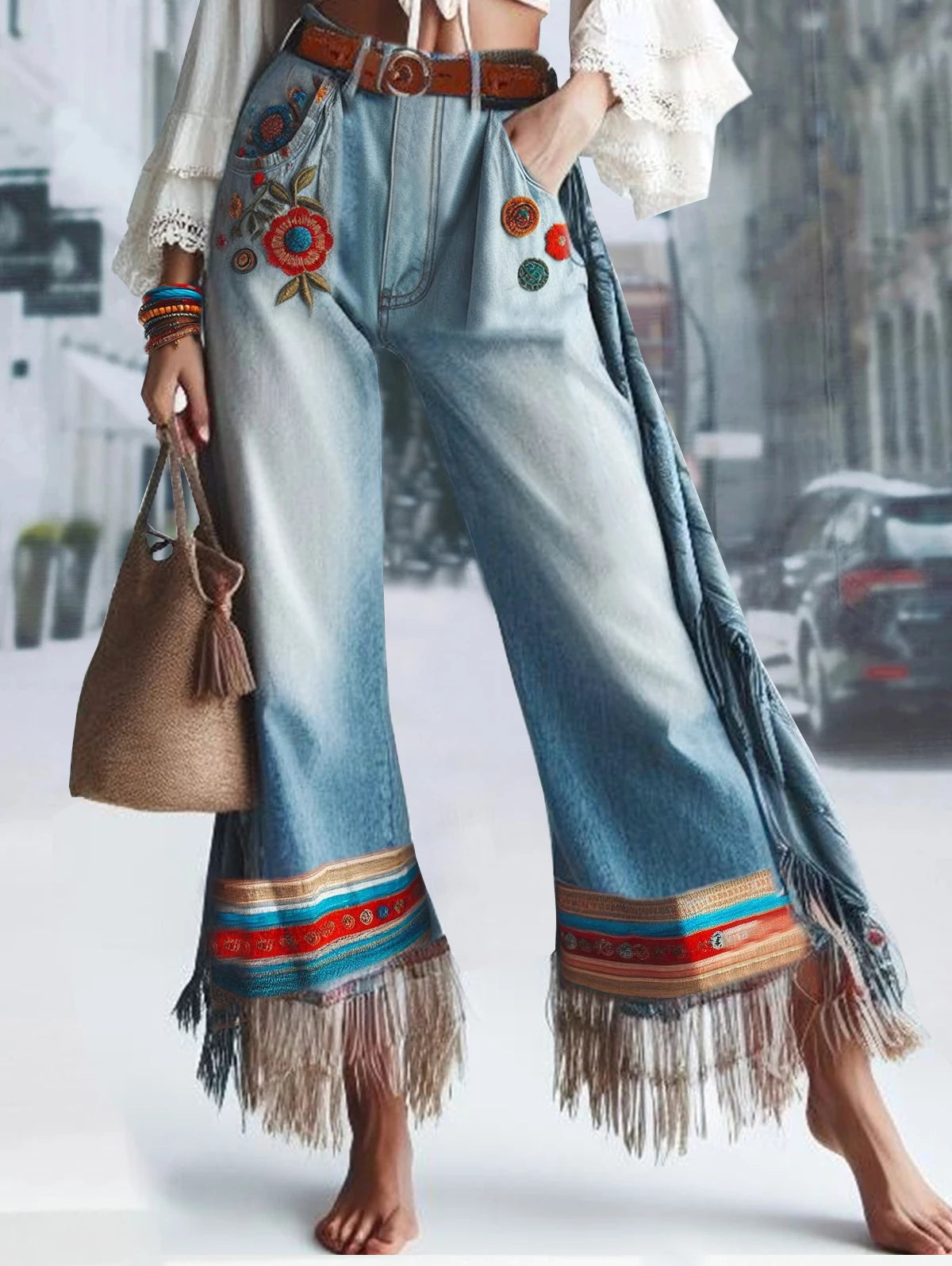 Women's Tassel Jeans Pockets Floral Embroidery Patchwork Denim Straight Leg Casual Vintage High Waist.