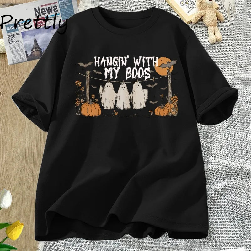 Unisex Funny Hanging Ghosts Halloween T-shirt Boos Cute Pumpkin Bat Casual Cotton Short Sleeve Round Neck Tee .  S-3X