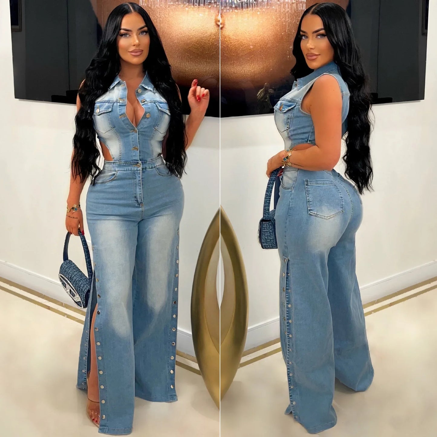 Women Denim One Piece Sleeveless Turn Down Collar Jumpsuit Sheath Sexy Straight Long Pant Rompers Slim Fit. S-2x
