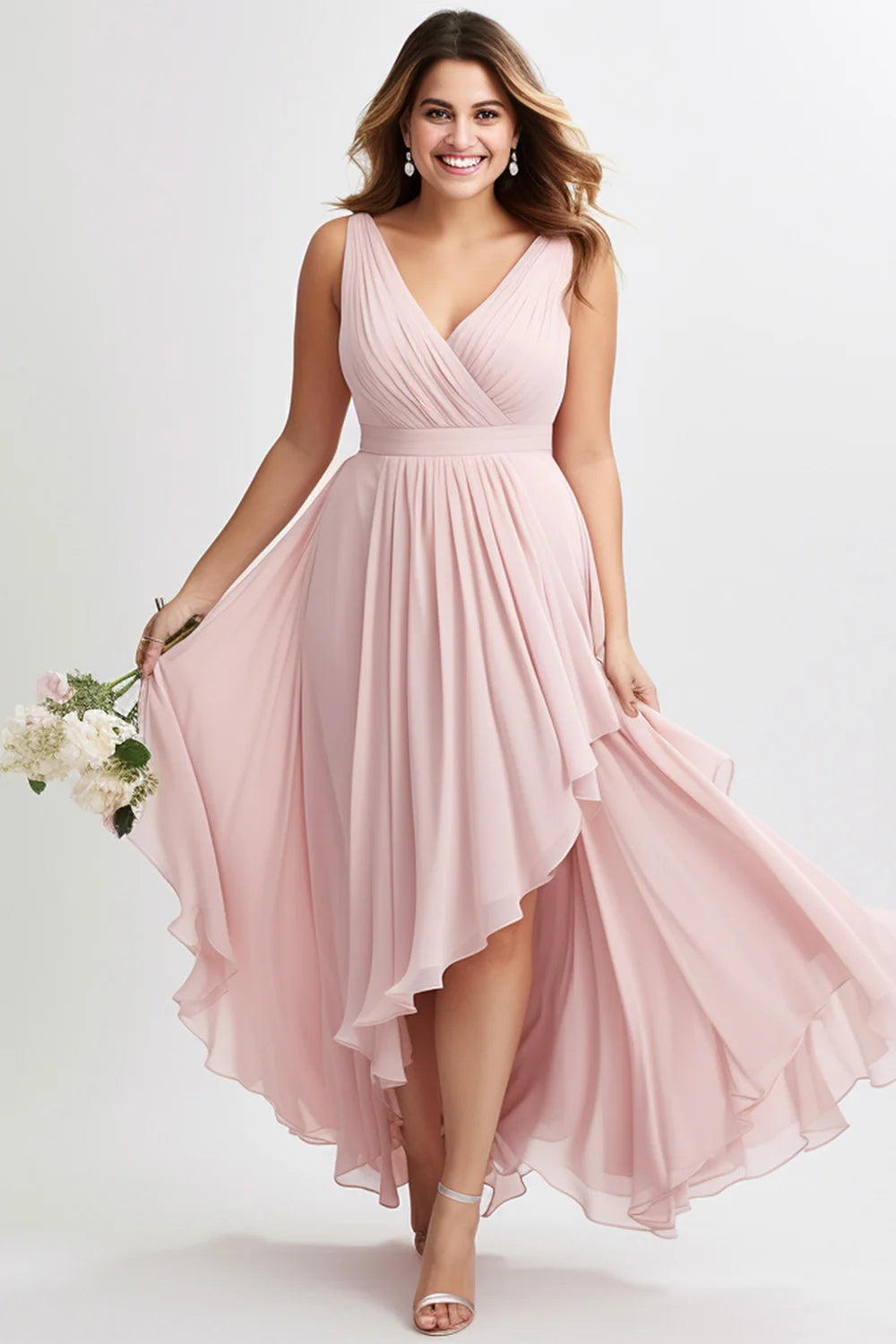 Ladies Curvy Size Light Pink Elegant Chiffon Wrap Sleeveless Dress