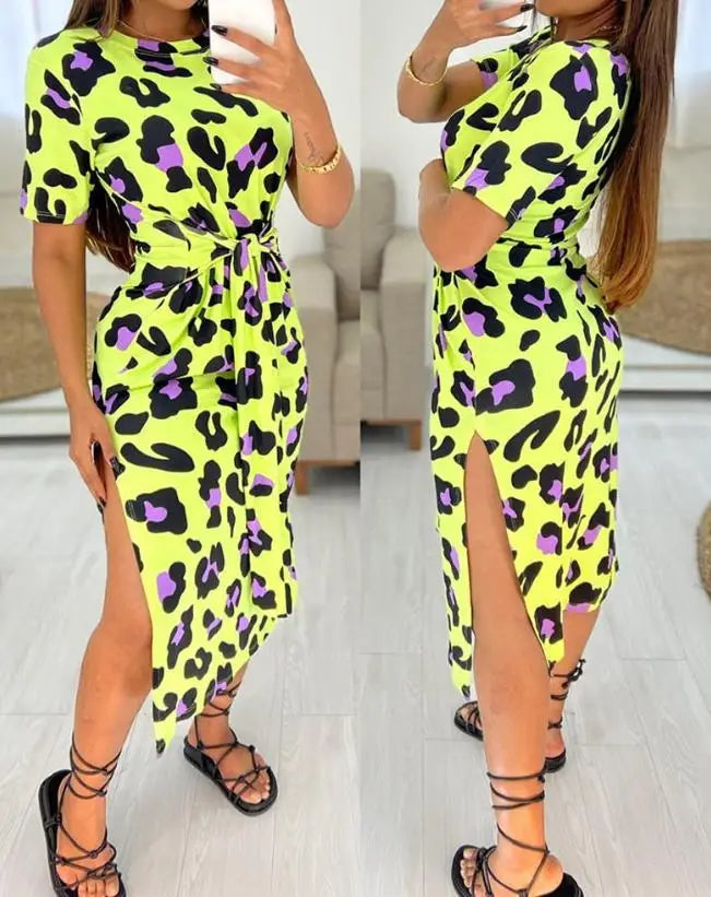 Summer Casual Sexy Elegant Dress Leopard Knotted + Slit Casual Dress.  S-XL