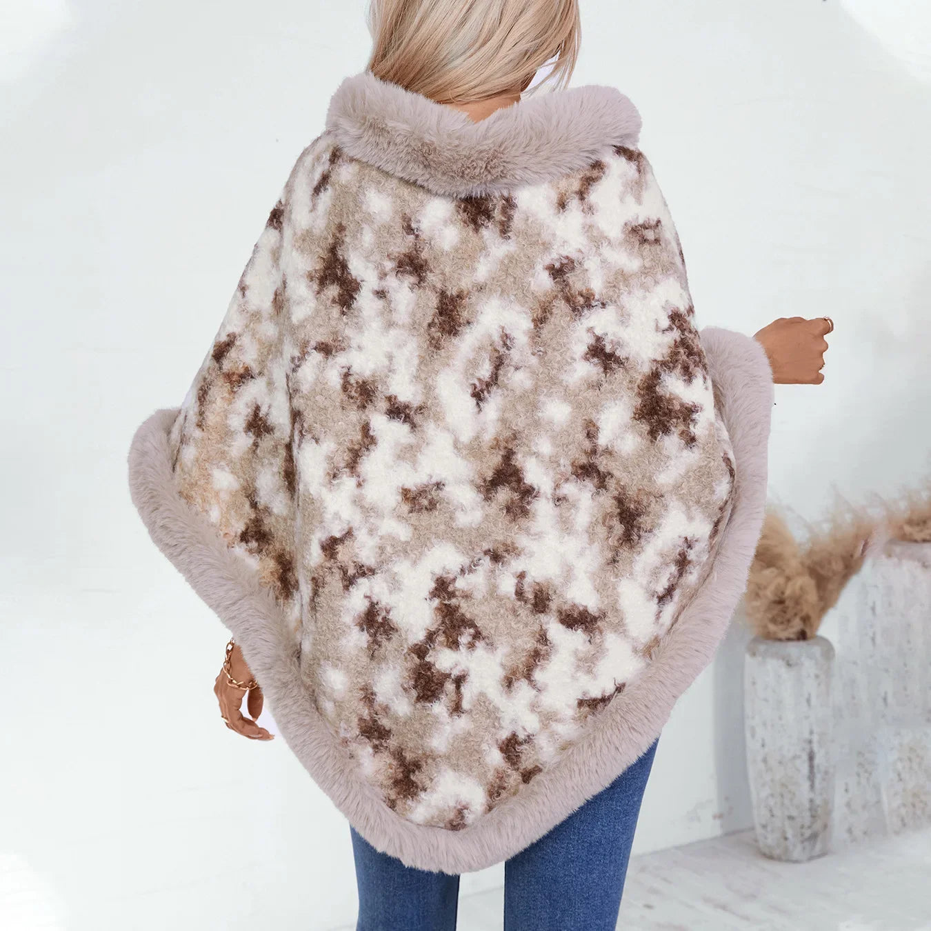 Knitted Cloak Sweater Printed Shawl Outwear Warm Thick Fur Collar Casual Loose Poncho Batwing Sleeve