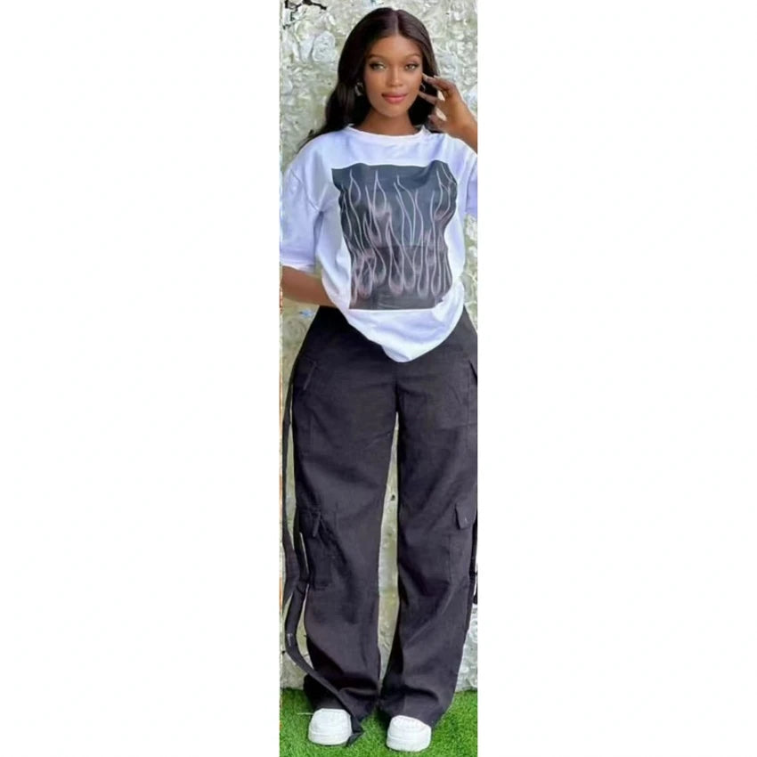 2 Pieces Women's Spring Summer Pocket Pullover Casual Short Sleeve Tops And Pant Suit.