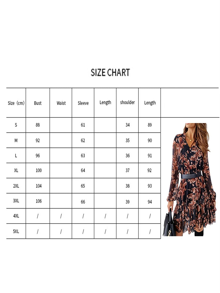 Floral Print Pleated Dress V-neck Long Sleeve Ruffled Spring Summer Dresses.   Sz: S-xxxL