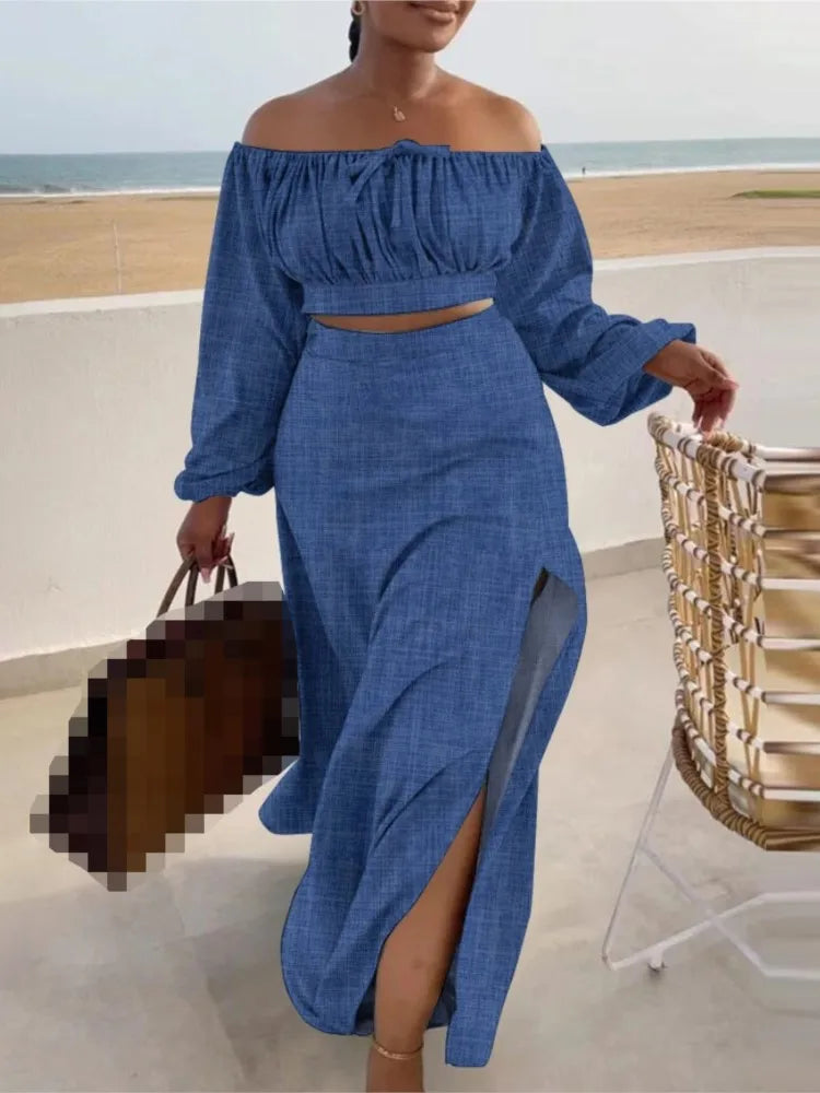 Casual Off Shoulder Sexy Slit Printed Loose Long Skirt Two Piece Set For Women Vacation Summer Outfit.  S-3X