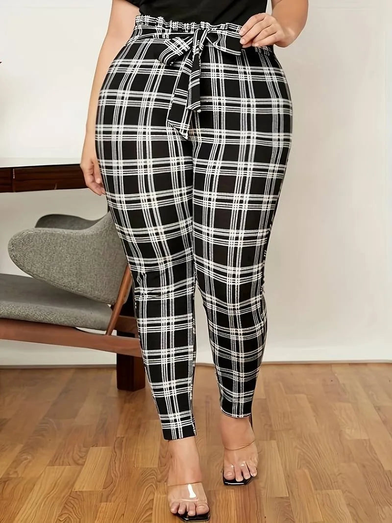 Posh Ladies Curvy Vintage Belted Plaid High Waist Pants.