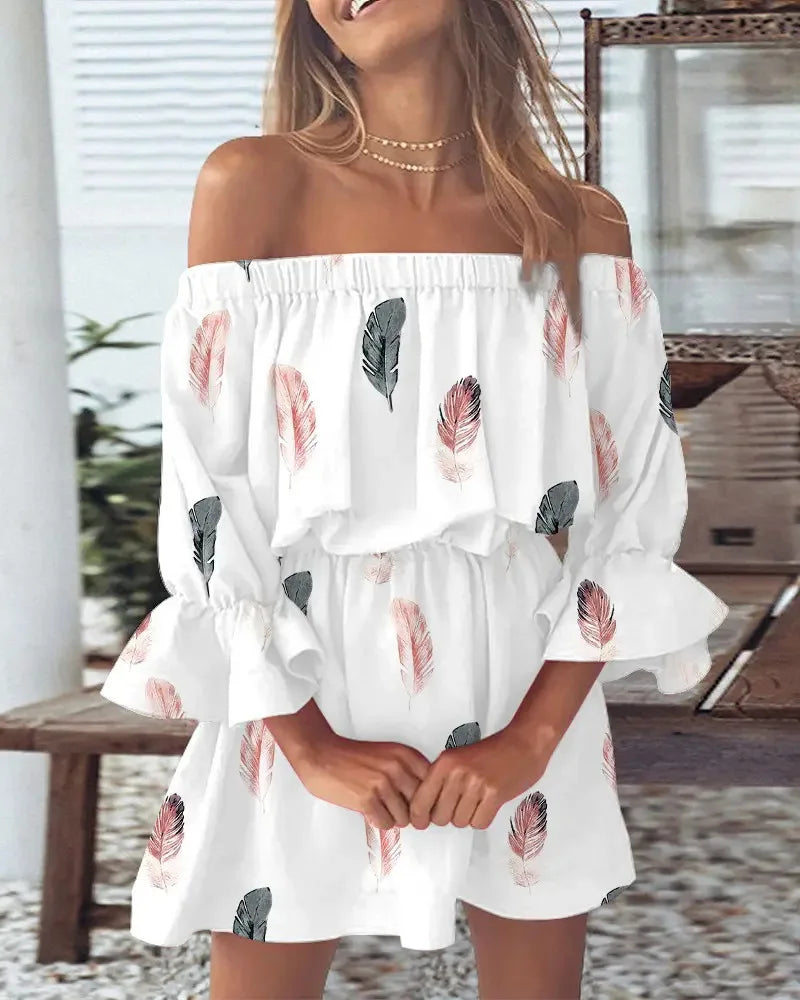 Sexy Neck Long Flare Sleeve Floral Print Mini Summer Boho Style Dress.  S-3x