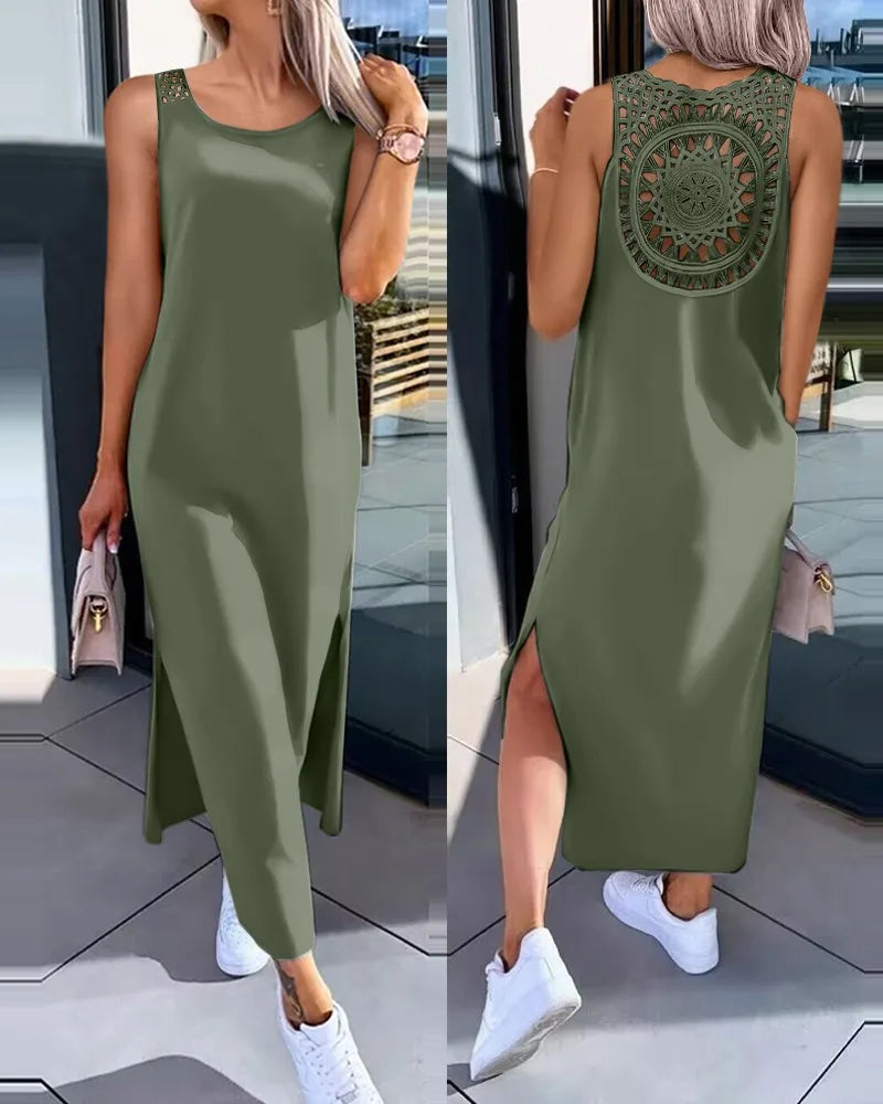 Hollow Out Solid Long Dress Women Fashion Sleeveless O-neck Maxi Dress.  S-2X