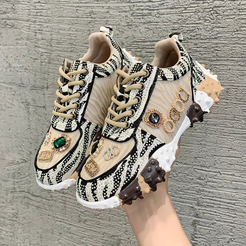 Quality Rhinestone Women Sneaker Diamond Breathable Luxury Designers Casual Thick Bottoms Shoe . Zapatos Mujer