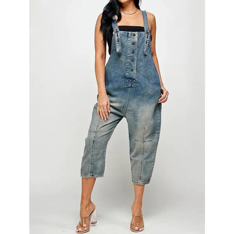 Women One Piece Denim Overalls Sleeveless Straight Romper Casual  Ladies Jumpsuit.  S-3X