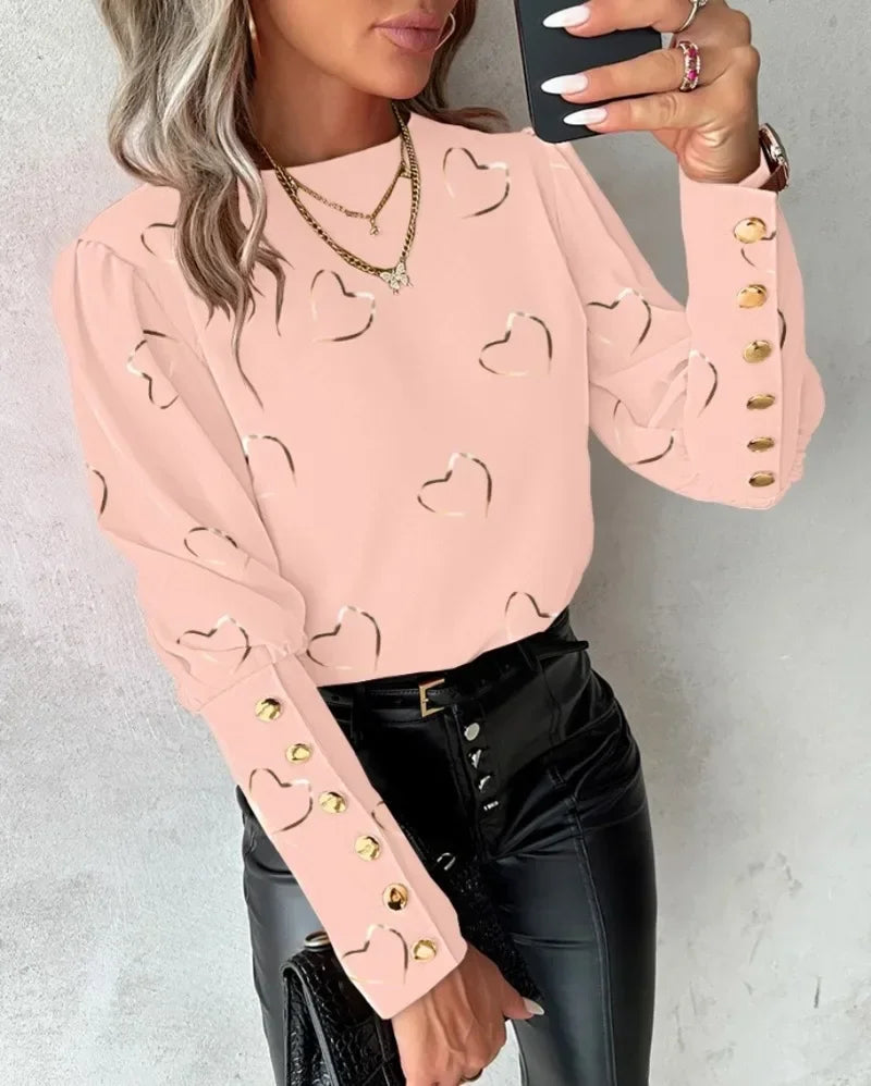 Women's Fashionable Heart Printed Long Sleeved Top with Round Neck Button Casual Blouse.  S-xxl