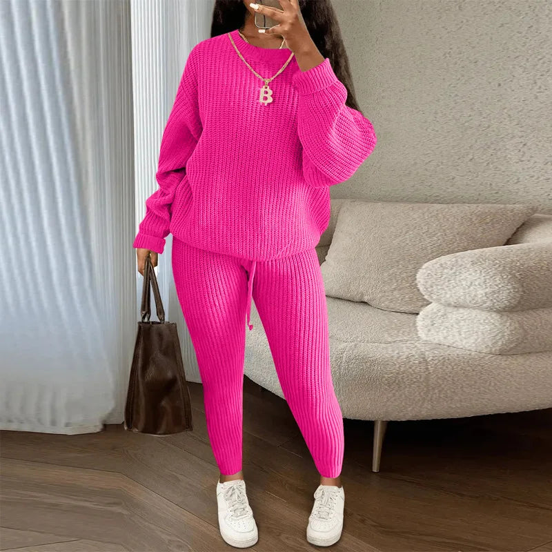 Two Piece Women Autumn Fashion Casual Solid Round Neck Pullover Loose Pit Knitted Sweater Pants Suit.  S-3XL