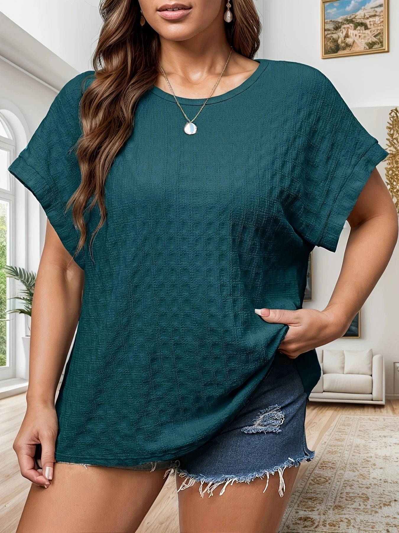 Plus Size Womens Casual Crew Neck Short Sleeve Solid Color T-Shirt - Soft Slight Stretch Polyester Fabric, Spring/Summer/Fall
