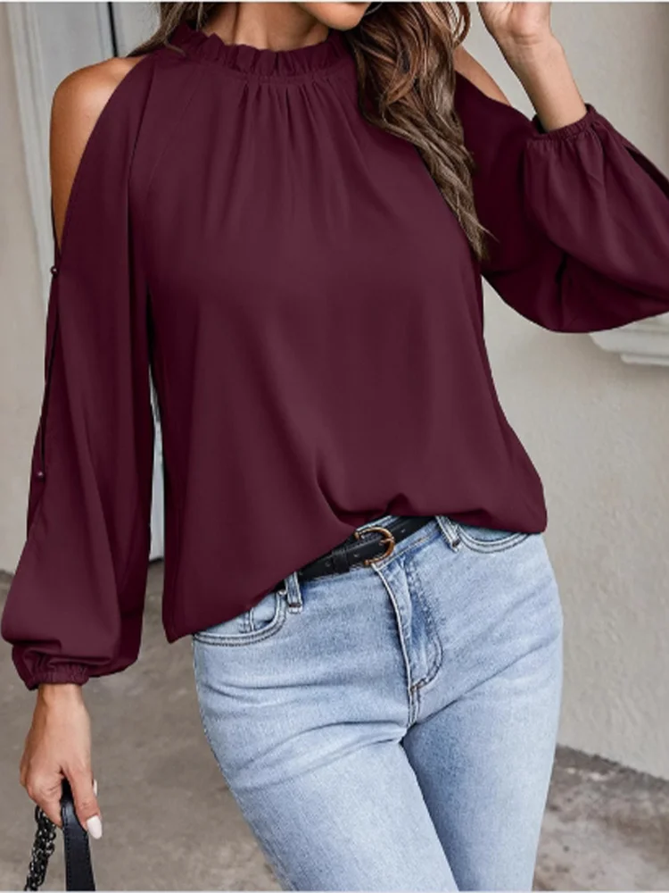 Off Shoulder Sexy Pleated Long Sleeved Solid Color Round Neck Women's Elegant Versatile Blouse