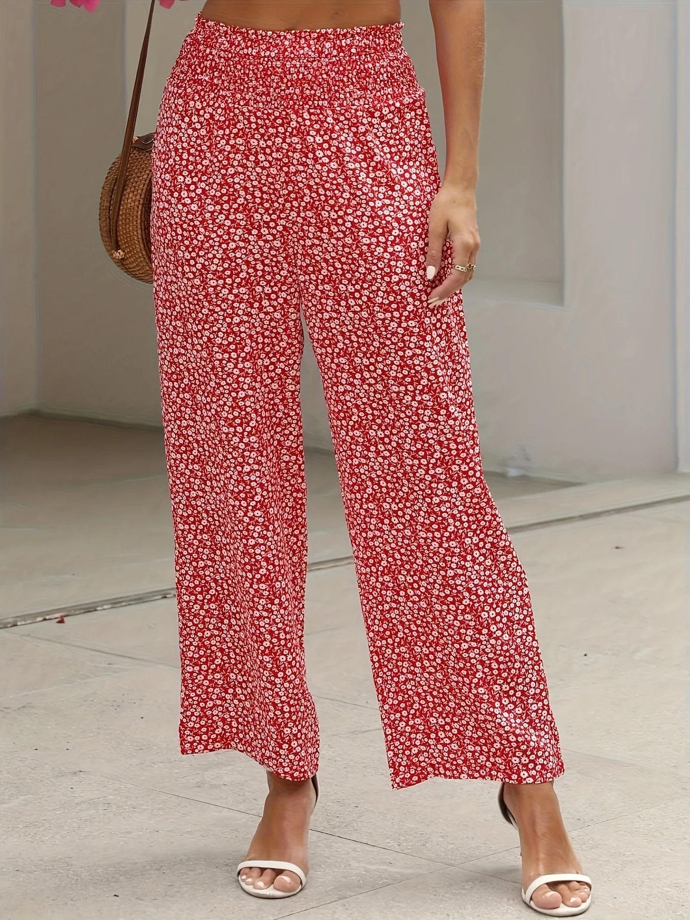 Elastic waist Casual Floral Print High Waist Pants For Spring & Summer.