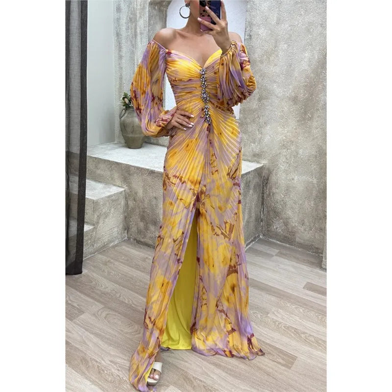 Women Floral Lantern Long Sleeve Dress Elegant Rhinestone Off Shoulder Maxi Sexy Deep V-neck Party Dress.  S-XL