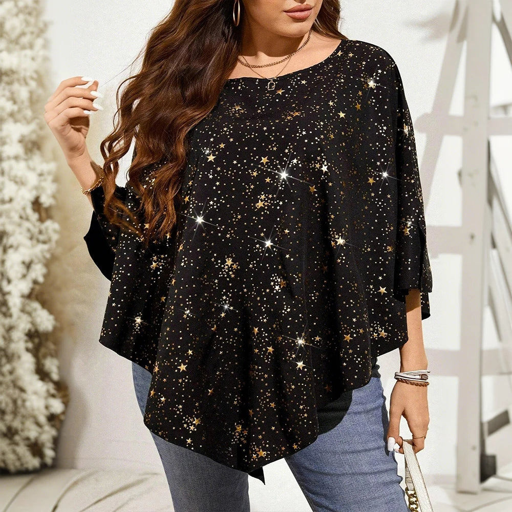 Plus Size Asymmetrical Hem Round Neck Loose 3/4 Sleeve Top
