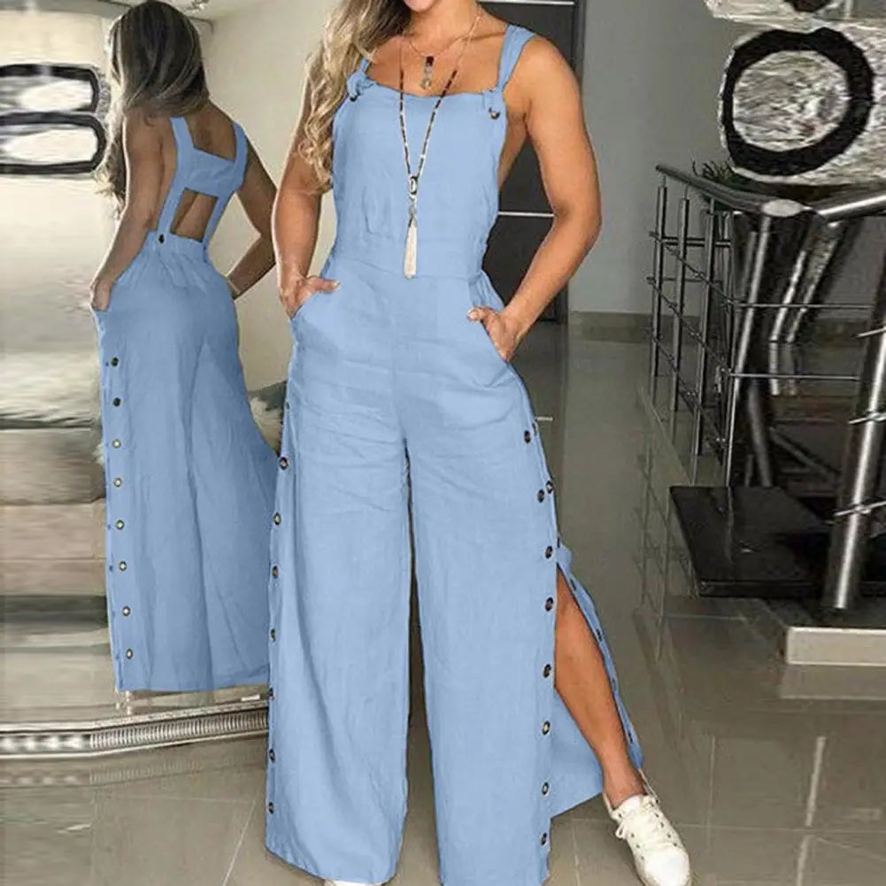 Women's Sleeveless Wide Leg Jumpsuit with Side Pockets And Button Closure Solid Colour Loose Fit Romper .  S-2x