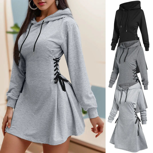 Women Tie Waist Mini Dress/ Hoodie V Neck Long Sleeves Slim Fit Hoodie/Dress Sweatshirt Style.  S-2X