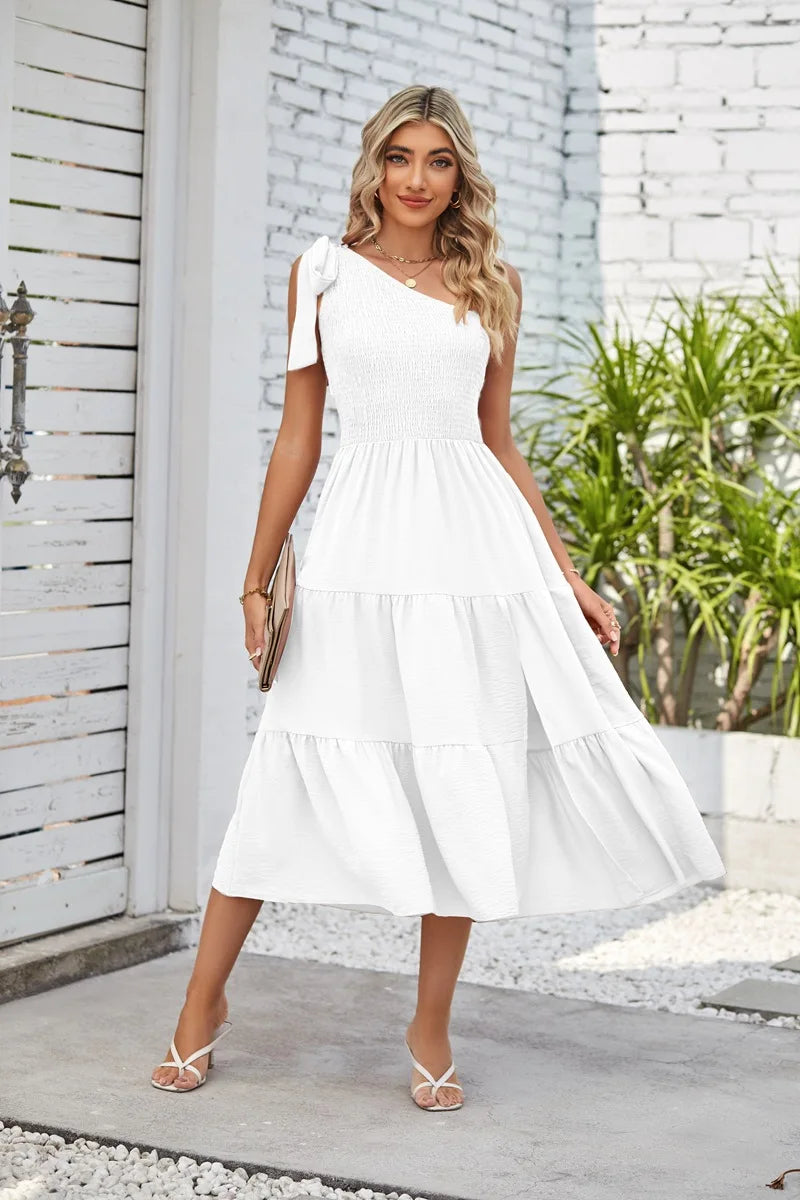 Women Tie Shoulder Dress Summer Sleeveless Side Split Sexy Tiered Ruffle Dress.  S-XL