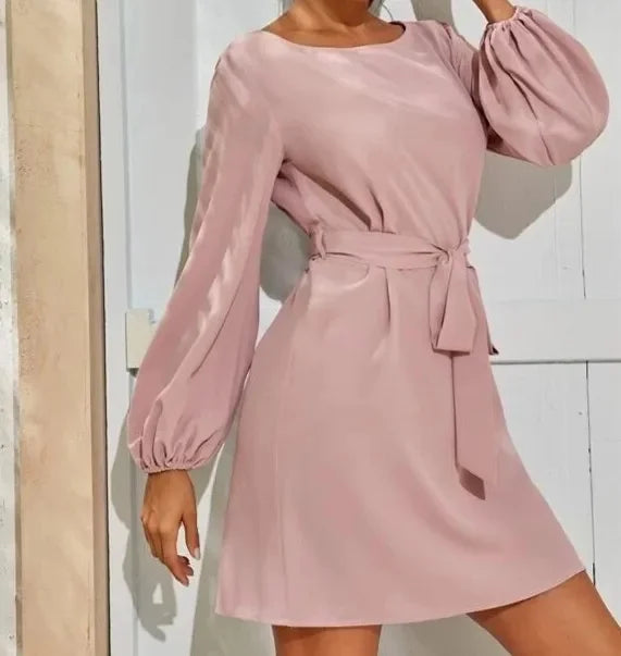Hot Sale Of The Season New Women's High Waist Midi Dress Pure Color Slimming Commute Friendly Overhead Design Long Sleeve round
