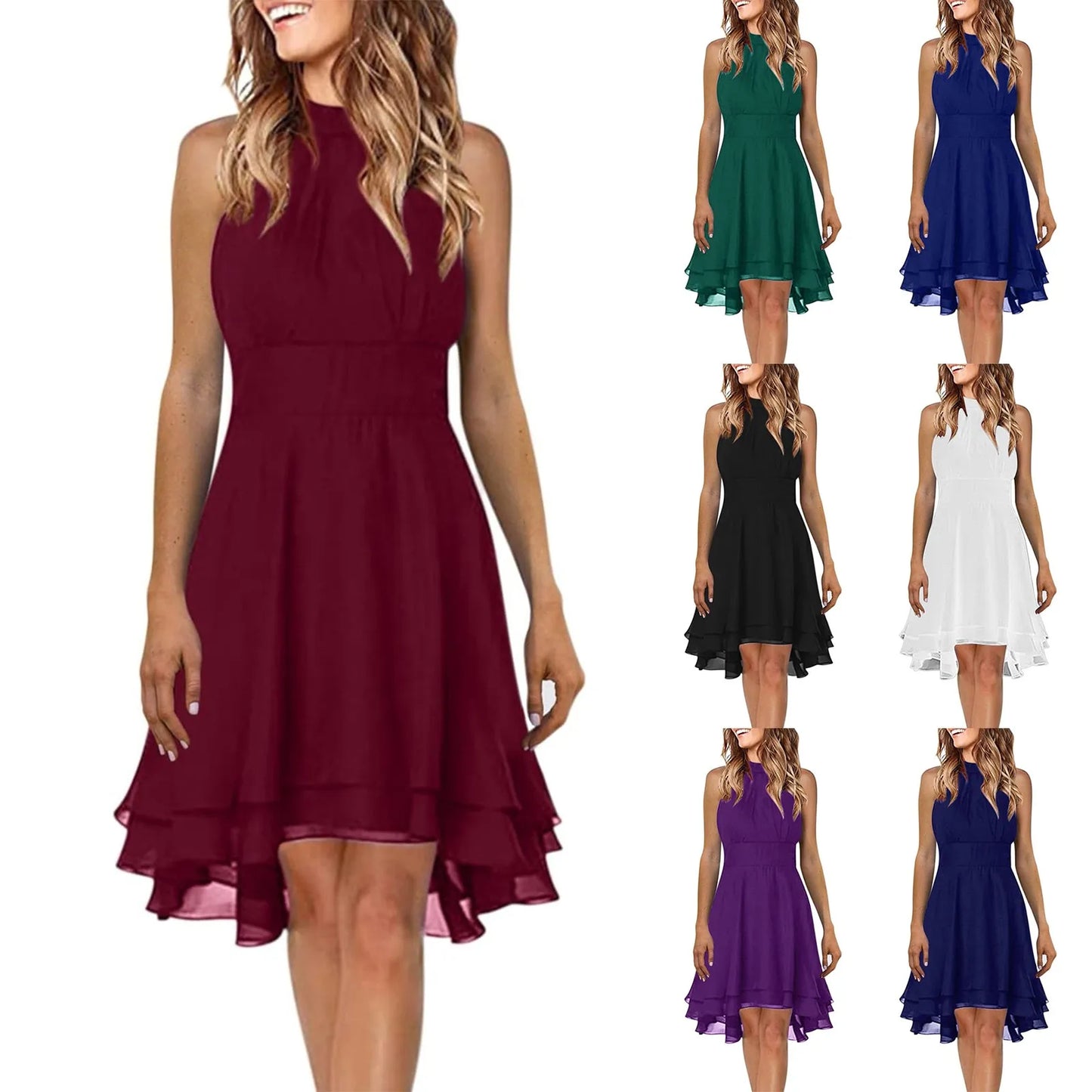 Summer Elegant Women Dress High Waist Sexy Layered Solid Halter Casual Sleeveless Party Dress.  S-3X