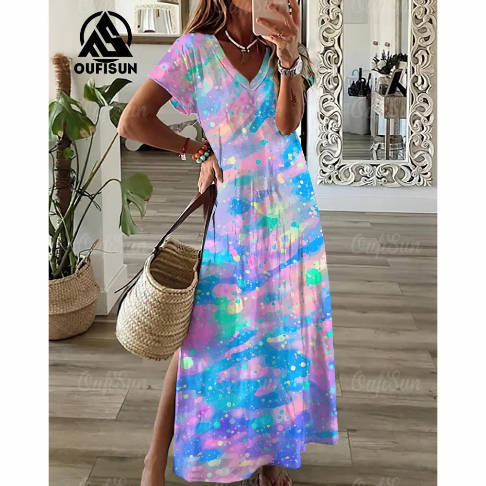 Tie-Dye Long Dress V-Neck Print Dress Loose Fit Women Dress.  S-3X