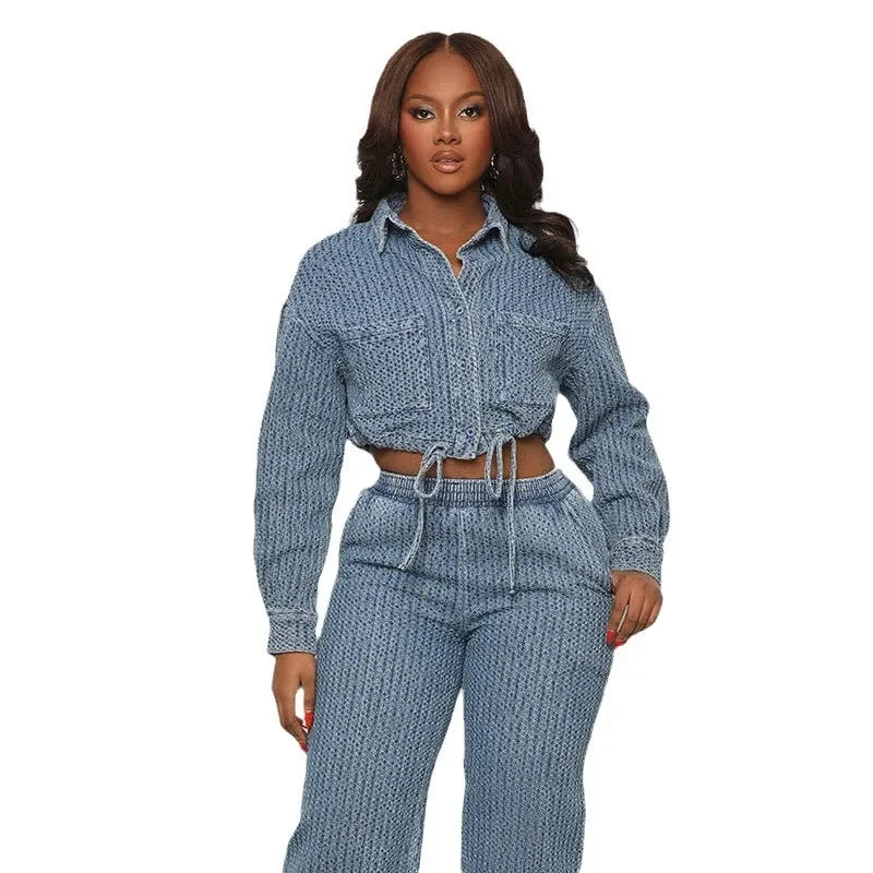 Women Denim Two Piece Set Slim Fit Sexy Turn Down Collar Full Sleeve Top, Long Pants High Elastic Waist.  S-2X