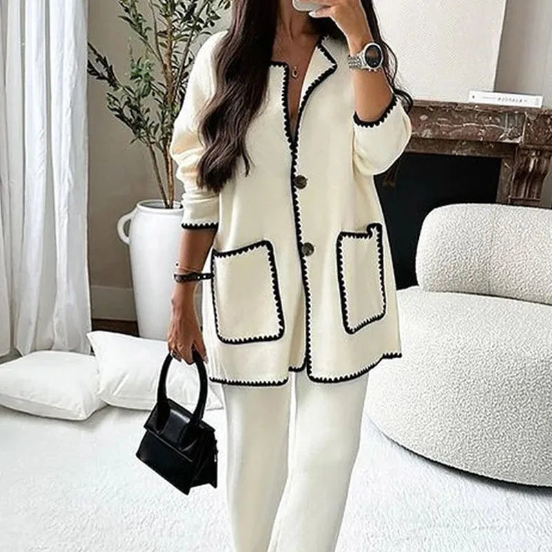 Ladies Two Pieces Long Sleeve Knit Pocket Single Breasted Cardigan And Pants Elegant Fashion Warm Comfortable set