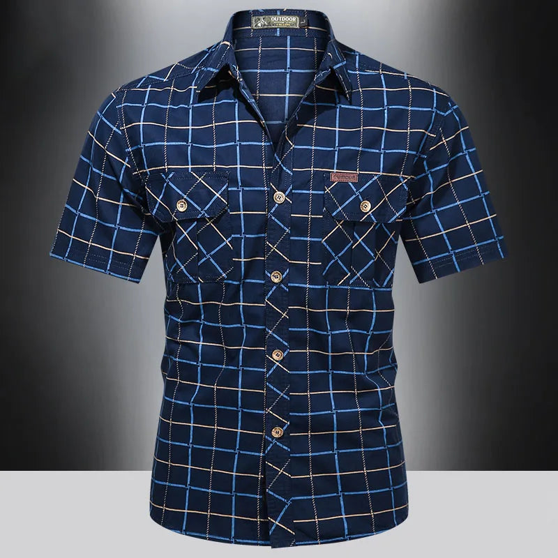 Checkered  top quality short sleeved shirt for men 2025 new summer thin business pure cotton loose oversized elegant striped shirt.  M-5X