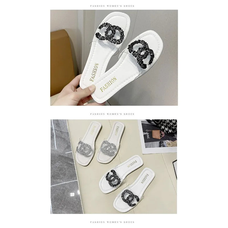 Women 2025 Hot Sale Slippers Flat Heel Soft Bottom Transparent Fashion Crystal Sandals Daily Commute All-match Shoes For Women