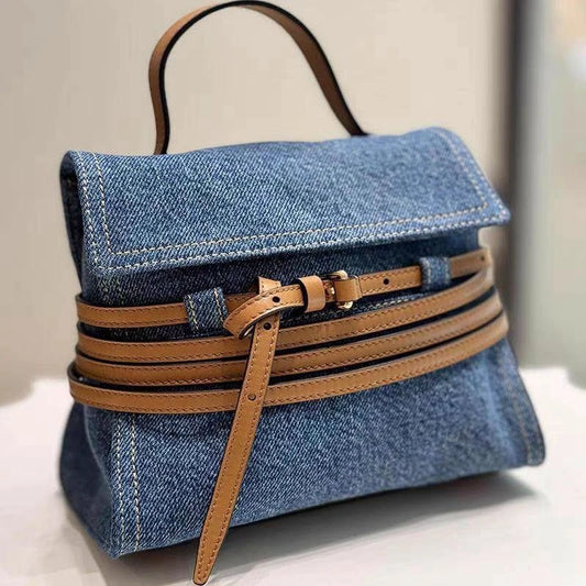 Stylish Small Denim Crossbody Bag - Women's Jean Handle Purse with PU Tie