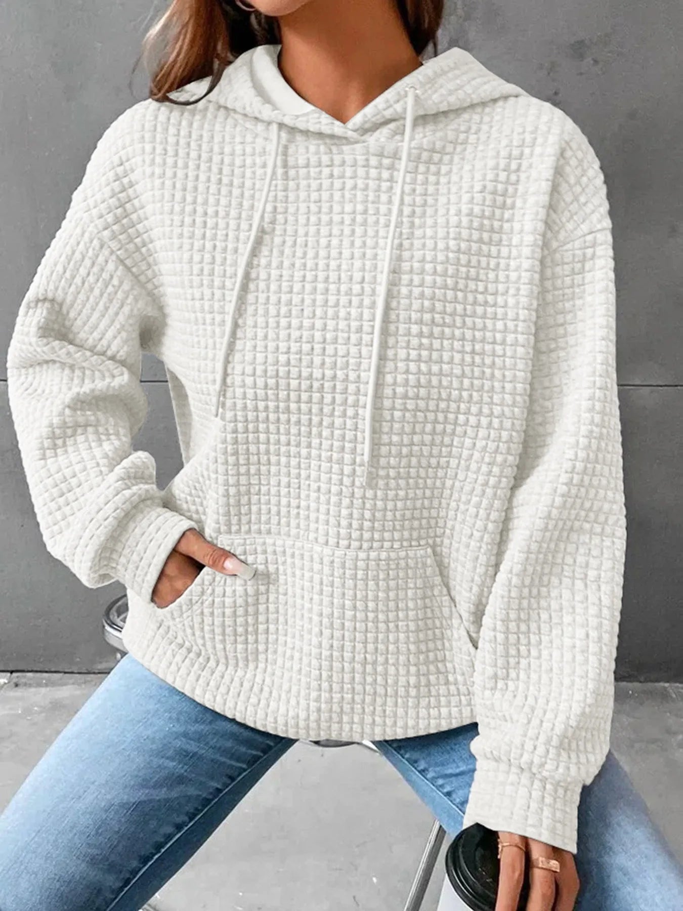 Women's hooded sweatshirt spring and autumn style waffle fashion beautiful solid color hooded drawstring loose sweatshirt.  S-2XL
