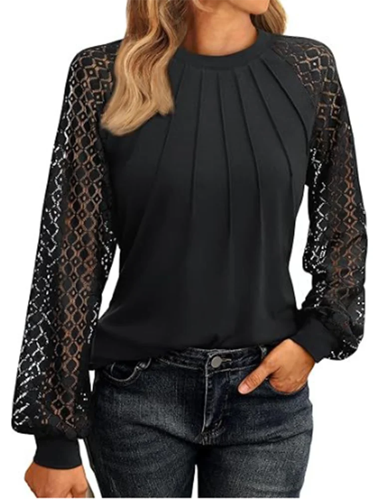 Elegant Lace Pleated Solid Colour Shirt Women's Round Neck Lantern Long Sleeved Blouse .  S-2X