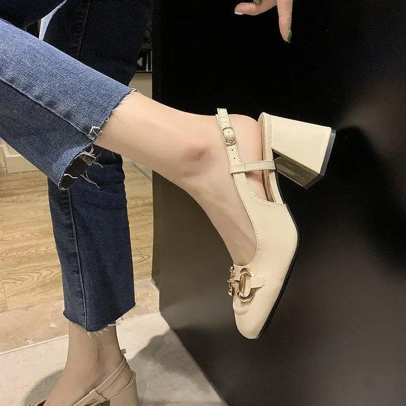 Women's 7 cm Sandals 2025 Summer French Style Thick Heel Square Toe Mary Jane Sandals.